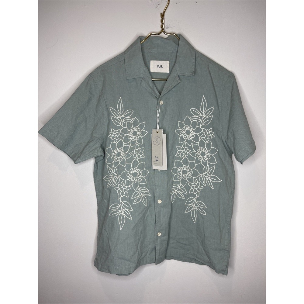 NWT $165 Mens FOLK Clothing Healey Linen & Cotton Green Short Sleeve Shirt sz S